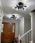 Front view of Six Arm Semi Flush Mount Ceiling Light Fixture Modern Black Sputnik Chandelier Lighting installed in entryway.