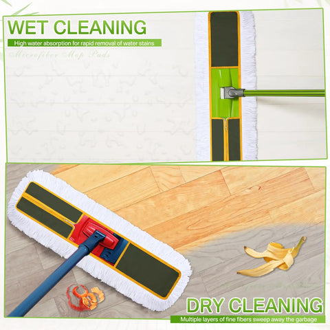 Three Pack 36 Inch Cotton Dust Mop Heads Commercial Refill Hella Thick Cotton Loop No Sweat Swapping Killer Absorbency For Warehouse And Hallway Floors Always, showing wet and dry cleaning uses.