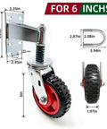 Heavy Duty 6 Inch Gate Wheel With Spring Loaded Shock Absorber Handles 700 Lbs shown with measurements and rubber tread.