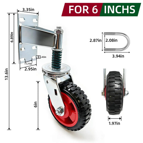 Heavy Duty 6 Inch Gate Wheel With Spring Loaded Shock Absorber Handles 700 Lbs shown with measurements and rubber tread.