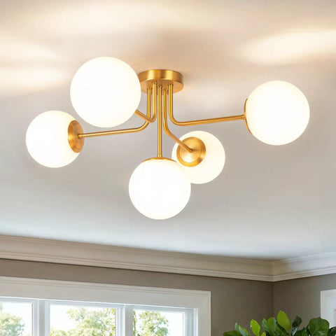 Brushed Gold Five-Globe Semi-Flush Mount Light With Dope Mid-Century Vibe, Low Ceiling Friendly, 27.5 Inch Wide Opal Frosted Globes