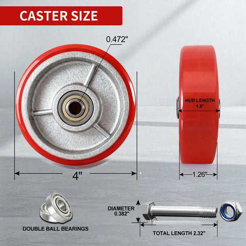 Side view of 4 inch caster wheels set of 4 polyurethane on cast iron heavy duty industrial casters for cart furniture workbench