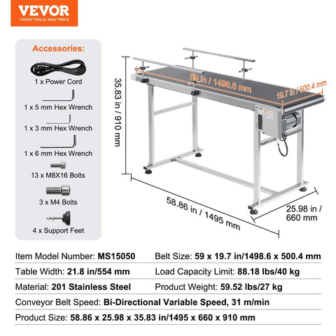 Beefy Motorized Belt Conveyor Table 59 By 19.7 Inches With Stainless Steel Frame PVC Belt Anti Static Adjustable Speed Inkjet Coding Ready Dual Guardrails Heavy Duty Industrial Conveyor for Efficient Production with accessory details