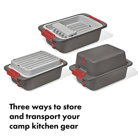 Outdoor Camp Kitchen Wash Dry And Stow System With Two Bins, Utensil Case, And Drying Rack with easy carry handles
