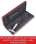 Depth Micrometer Gauge 0 to 6 Inch Range for Measuring Holes, Slots, Shoulders and Projections, Satin Chrome Reading Surface, Rust Resistant Pro Grade Precision and Fast Fine Adjustment for Quick Accurate Measurements in case