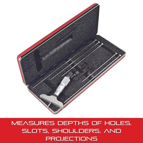 Depth Micrometer Gauge 0 to 6 Inch Range for Measuring Holes, Slots, Shoulders and Projections, Satin Chrome Reading Surface, Rust Resistant Pro Grade Precision and Fast Fine Adjustment for Quick Accurate Measurements in case