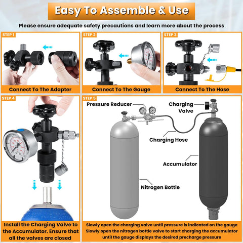 All In One Nitrogen Charging System For Hydraulic Accumulators With Fill Kit, 3 Gauge Pressure Test Kit, 7 Couplings, Gas Hose, Main Valve, CGA580 Adapter, And 100 250 400 Bar 1500 4000 6000 PSI