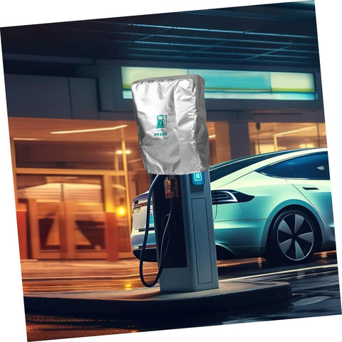 Rock Solid EV Wall Charger Cover Built To Crush Rain And UV Exposure Sleek Outdoor Shield on charger near a parked electric vehicle.