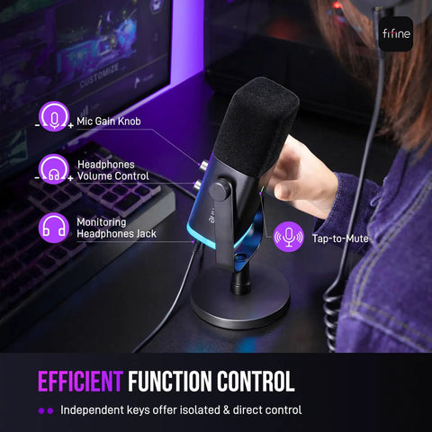 Close-up of USB and XLR dynamic microphone for podcast recording with mute button and RGB light on desktop stand.