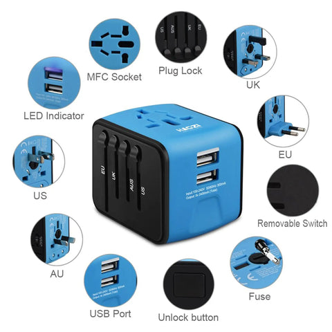 Universal Travel Adapter With Dual USB Fast Charge All In One International Power Converter For UK EU AU Asia Supports 150 Plus Countries Compact Wall Charger For Worldwide Travel Blue showing multiple plug types and features.