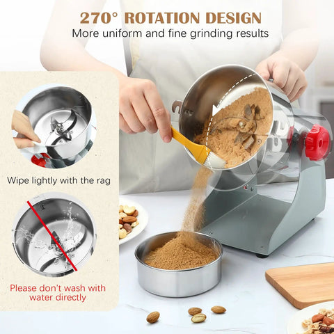 Heavy Duty 800G Electric Grain Grinder Mill 2000W in use grinding nuts with 270° swing design for commercial kitchen use