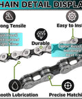 Image of a durable 6/7/8 speed bicycle chain, 1/2 inch by 3/32 inch, 116 links, showing electroplated silver details and features.