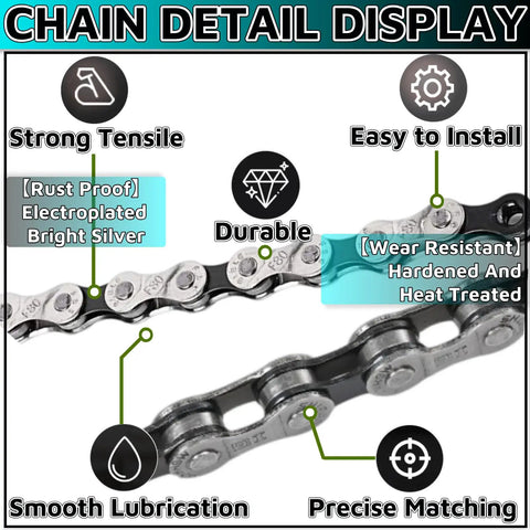 Image of a durable 6/7/8 speed bicycle chain, 1/2 inch by 3/32 inch, 116 links, showing electroplated silver details and features.