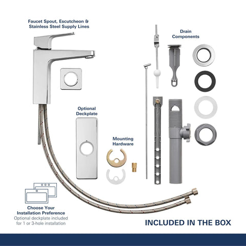 Tallinn Single Hole Bathroom Faucet With Single Handle In Chrome 1.2 GPM Drip Free Ceramic Disc Valve parts laid out