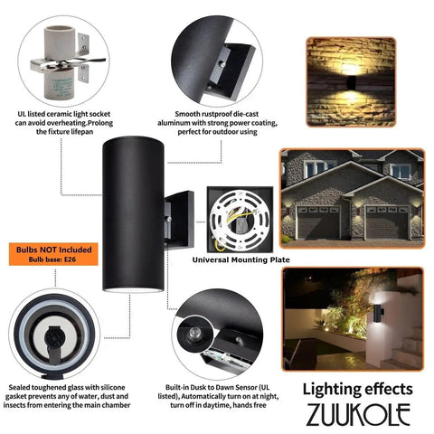 Image showing Dusk To Dawn Sensor Outdoor Wall Light with up/down lighting on homes, die-cast aluminum sconce, waterproof, no switch needed.