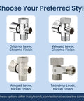 Styles of bidet shut-off T-adapter valves for NEO series in chrome and nickel finishes with different lever designs.