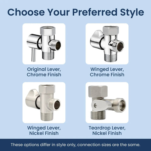 Styles of bidet shut-off T-adapter valves for NEO series in chrome and nickel finishes with different lever designs.