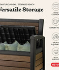 60 Gallon Storage Bench Deck Box For Patio And Outdoor Hangouts In Walnut Finish, Weatherproof Resin Chest open showing cushions