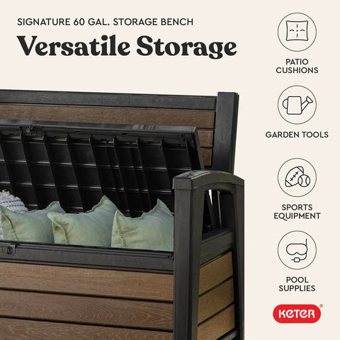 60 Gallon Storage Bench Deck Box For Patio And Outdoor Hangouts In Walnut Finish, Weatherproof Resin Chest open showing cushions