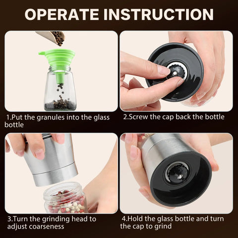 Instructional guide for using a Manual Salt And Pepper Grinder Set With Ceramic Blades, Adjustable Coarseness, and Stainless Steel Cap