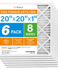 6-pack of 20x20x1 HVAC furnace air filters with MERV 8 rating, electrostatic pleated, for furnaces and home AC actual size 19.75x19.75x0.75