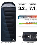 XXL Winter Sleeping Bag For Adults And Kids With Compression Sack, dimensions 90.5 x 39.4 inches, showing weight and temperature range.
