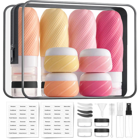 23 Pack TSA Approved Travel Bottles Set with leakproof refillable silicone squeezable bottles and jars in clear pink bag