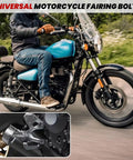 Motorcyclist riding with a close-up of 177 Pcs Motorcycle Fairing Bolt Kit For Sportbike Fans Universal Fit M5 M6 Stainless Steel Screws