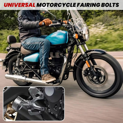 Motorcyclist riding with a close-up of 177 Pcs Motorcycle Fairing Bolt Kit For Sportbike Fans Universal Fit M5 M6 Stainless Steel Screws