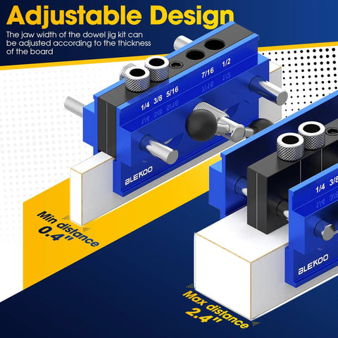 Upgrade Pro Grade Self Centering Doweling Jig Kit For Straight Holes And Biscuit Joiner Set With Six Drill Guide Bushings Adjustable Width Drilling Guide Power Tool Accessory Blue For Precise Woodworking showing adjustable design with distance measurements.