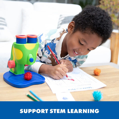 Rad Microscope For Curious Kids Ages 3 And Up A Hands On Science Toy That Sparks Discovery Of The Tiny World With Easy Focus Lenses And Colorful Slides For Fun Safe Kid Friendly Learning. Child using kid microscope and drawing worksheet