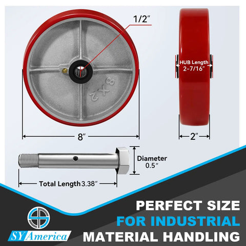 Heavy Duty 8 Inch Diameter By 2 Inch Wide Red Polyurethane Caster Wheels With Roller Bearings, Industrial Grade Load Capacity 6000 Lbs