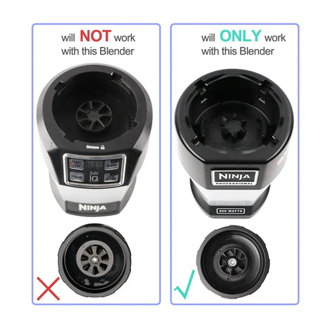 Comparison of blender bases; left base incompatible, right base compatible with Six Fin Blender Blade Replacement With Female Socket For Auto IQ Blenders Fits BL480 BL480D BL482 Models Four Inch Diameter Replacement Blade Durable Stainless Steel No Fuss Install