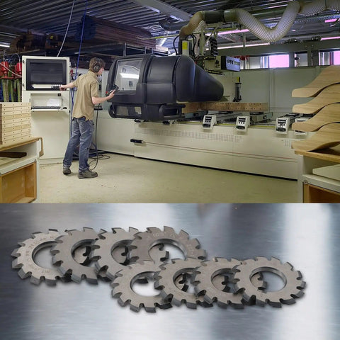 M1 Pro Grade Gear Cutter Set with HSS Involute Milling Cutters in workshop for metalworking and CNC machining, 8 pieces.