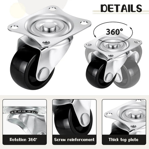 12 Pack 1 Inch Swivel Caster Wheels For Furniture And Appliances Quiet No Noise 360 Degree Rolling Small PP Caster With Screws Included Black Finish Total 33 Lb Weight Capacity showing details.