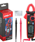 Compact Digital Clamp Meter 200A True RMS AC DC Current Tester displayed with box and testing probes
