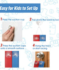 Instructions for setting up the Flexible Race Track For Kids 15 Foot Roll Up Starter Set With Suction Cups Compatible With Hot Wheels 1 64th Cars Portable DIY Racing Ramps And Loops For Ages 3 And Up, showing steps with images and text.