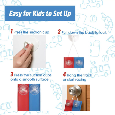 Instructions for setting up the Flexible Race Track For Kids 15 Foot Roll Up Starter Set With Suction Cups Compatible With Hot Wheels 1 64th Cars Portable DIY Racing Ramps And Loops For Ages 3 And Up, showing steps with images and text.