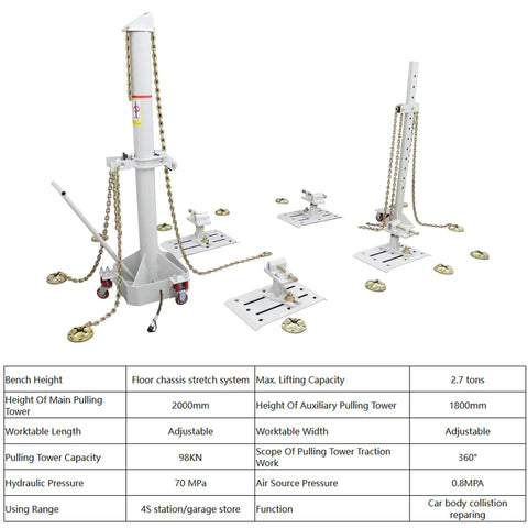 Heavy Duty Auto Body Frame Straightener With Two Point Seven Ton Hydraulic Power Car Frame Puller 98KN Pulling Tower Capacity