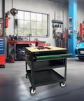 Rolling Tool Cart With 3-Tier Workshop Storage, black metal frame and wooden top workbench in garage setting