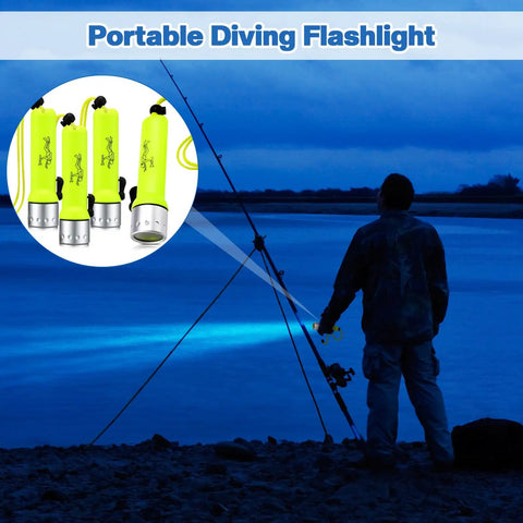 4 Pack 1000 Lumen T6 LED Diving Flashlights With Lanyards Waterproof Underwater Torch For Snorkeling And Scuba Submersible Light For Night Dives And Outdoor Water Sports Green highlighting portable size in outdoor setting