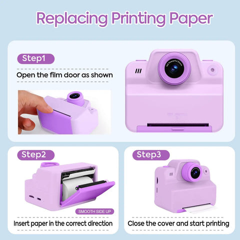 Instant Print Camera For Kids Portable Kid Camera With Built In Printer Lets Little Photogs Snap And Print On The Go A Fun Gift For Girls Ages 3 To 12 For Holidays Birthdays Travel Friendly Toy shown with paper replacement steps