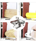 Heavy Duty Mini Belt Sander With 90 Degree Adjustable Head grinding wood, acrylic, Bodhi and metal in a compact design.