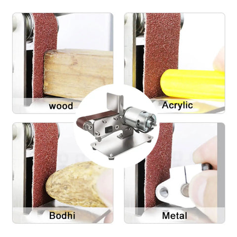 Heavy Duty Mini Belt Sander With 90 Degree Adjustable Head grinding wood, acrylic, Bodhi and metal in a compact design.