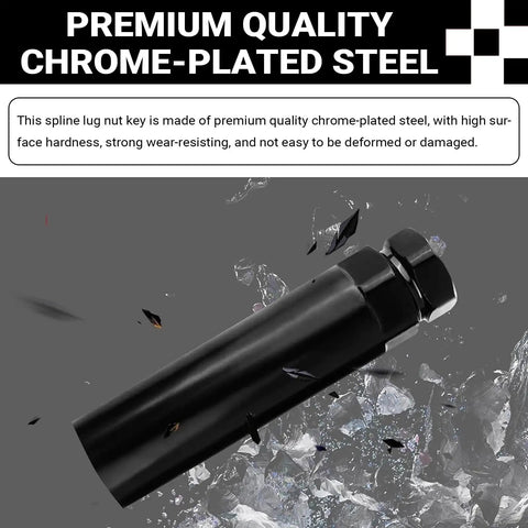 Close-up of Large 6 Spline Lug Nut Socket 21 mm And 22 mm Hex Wrench chrome-plated steel design with shattered background