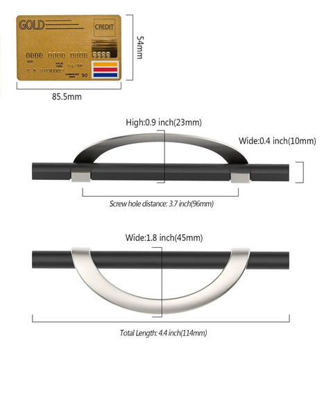 Diagram showing dimensions of Ten Pack Black And Brushed Satin Nickel Cabinet Pulls with 3-3/4 inch hole centers, zinc alloy.