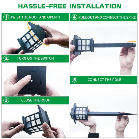 Step-by-step guide showing installation of Solar Outdoor Lights 12 Pack Waterproof Pathway LED Landscape Lighting.