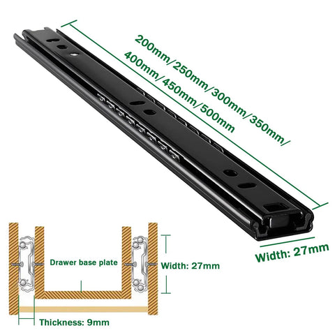 Heavy Duty Drawer Slides Detachable Two Fold Glides Black Metal Two Stage Extension Quiet Smooth Operation Built To Last Rust Resistant Steel With Ball Bearings And Anti Collision Rubber Pads For Cabinets, 27mm width, 9mm thick