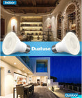 10 Pack PAR30 Long Neck LED Bulbs For Indoor Outdoor Flood Lighting Dope Bright LEDs shown in indoor and outdoor settings