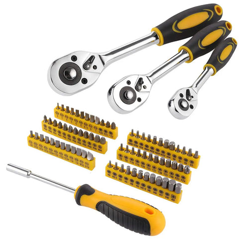 Ratchets and screwdriver with bits from 205 Piece Mechanics Tool Set With Sockets Wrenches Hex Keys Pliers And Screwdriver Bits In Sturdy Box Organizer